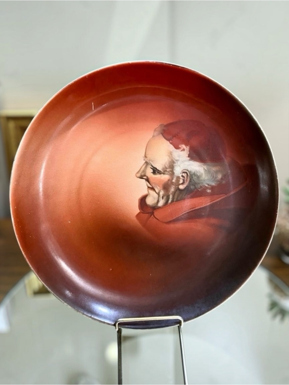 1905-1925 Dresden Portrait Cabinet Plate Bishop Red Background Unusual 9 3/8”